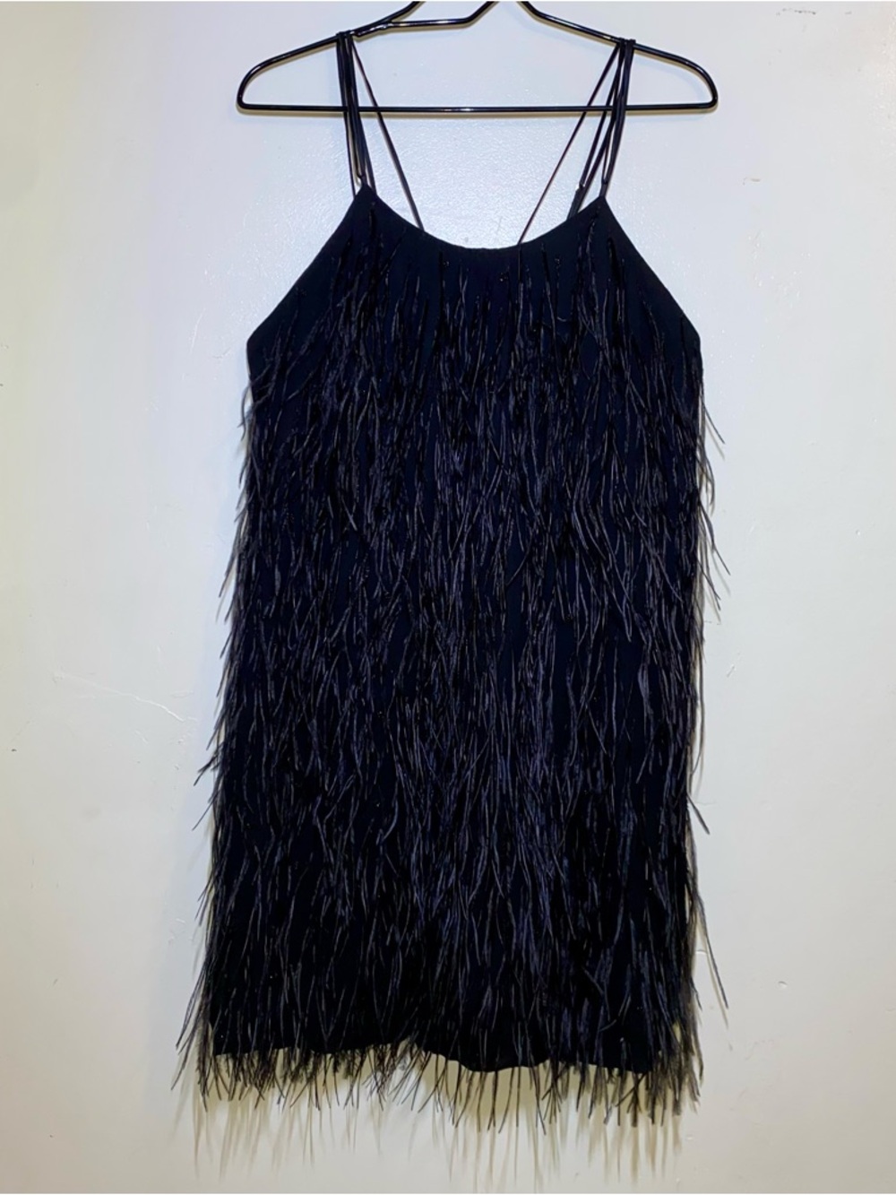 Poleci 100% Silk Real Feathers Lined Black Dress Beaded Details Size 10